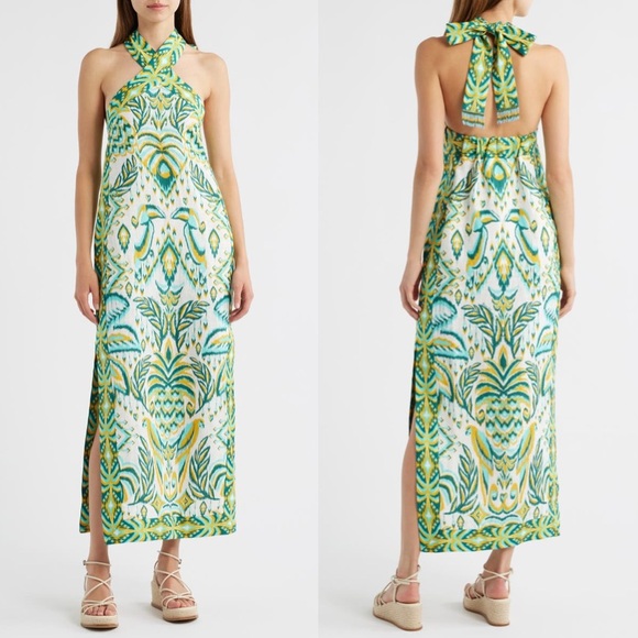 Farm Rio Tropical Tapestry Euroflax Premium Linen Maxi Dress Off White M NWT - Picture 3 of 17